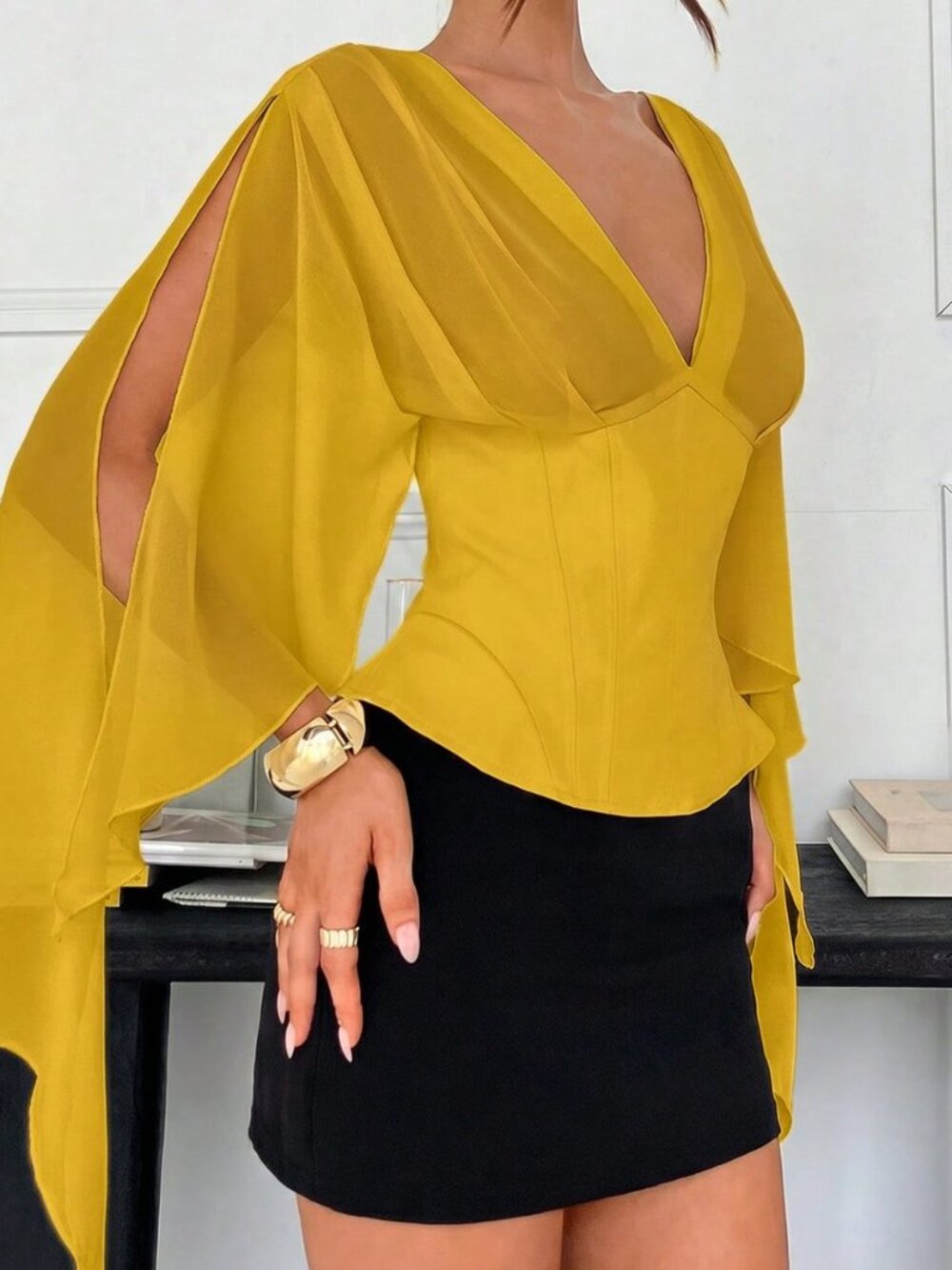 Yellow Casual Women's Elegant Wedding Bustier Shrug Shirt - Picture 7 of 9